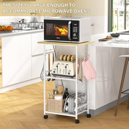 ThreeHio Rolling Kitchen Microwave Cart, 3 Tier Microwave Table Stand with Adjustable Shelf, Kitchen Storage Rack on Wheels, Coffee Station Cart Rack Shelf Organizer for Living Room Office, Balcony