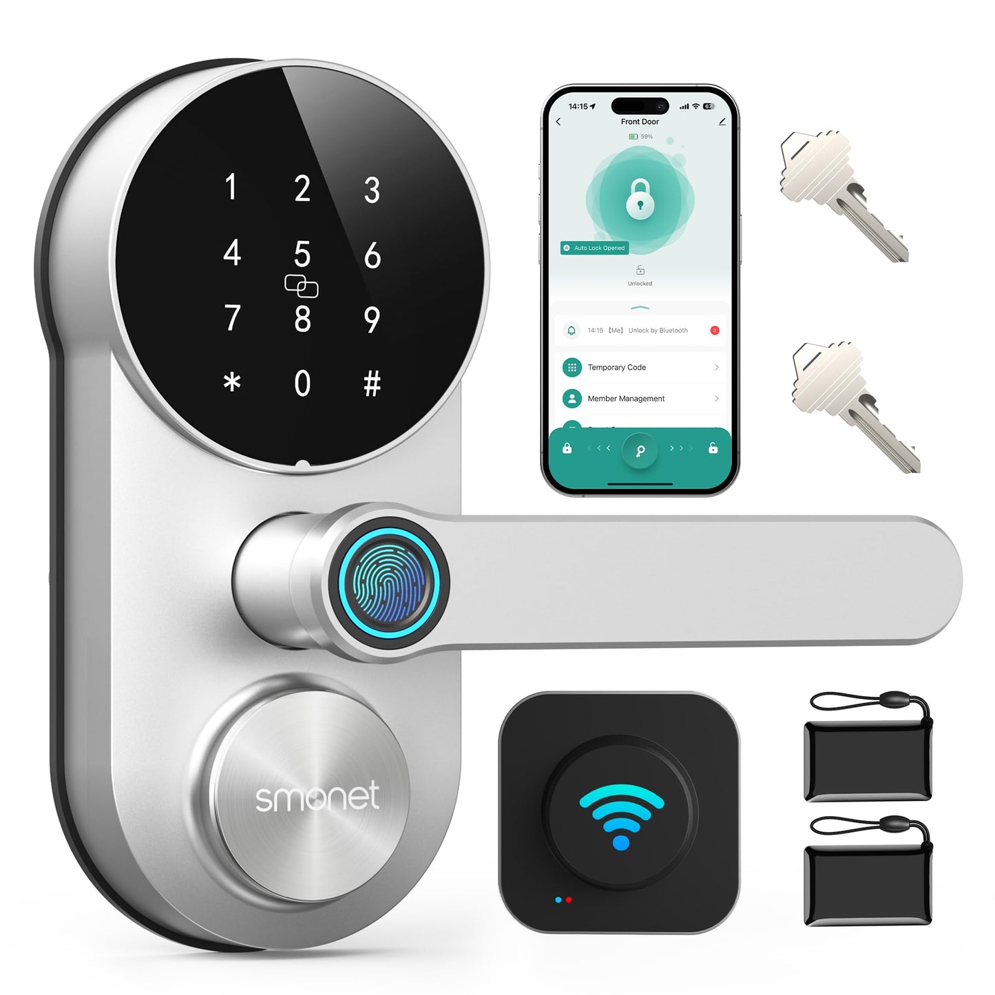 Smart WiFi Door Lock with Handle: SMONET Keyless Entry Lock with Fingerprint for Front Door Anti-peep Keypad Compatible with Alexa