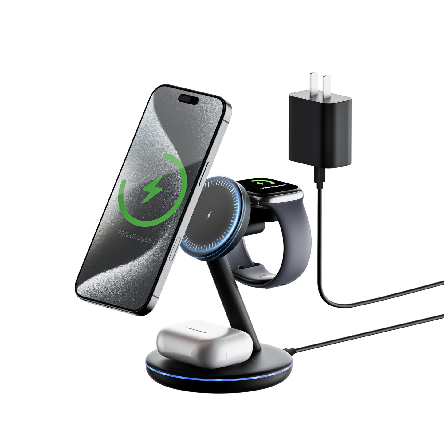 TESSAN 3 in 1 Charging Station Compatible with MagSafe, Magnetic Wireless Charger Stand for iPhone 17/16/15/14/13 Series, Charging Dock for Apple Watch & AirPods, Includes Cable and 20W Adapter