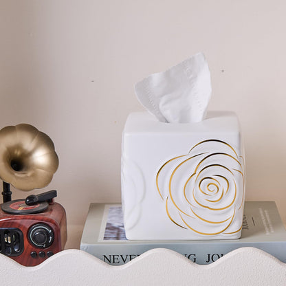 White Ceramic Cube Tissue Box Cover with Gold Rose – Large Elegant Rose Floral Square Decorative Tissue Box Holder for Bathroom, Bedroom, Office Desk, Kitchen Counter – Perfect Housewarming Gift