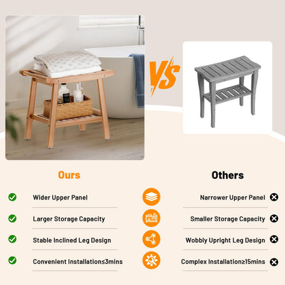 Bamboo Shower Bench for Inside Shower to Sit on,Waterproof Shower Stool for Shaving Legs,Spa Bathroom Shower Chair with Storage Shelf, Bathroom Bench Seat-Natural Bamboo