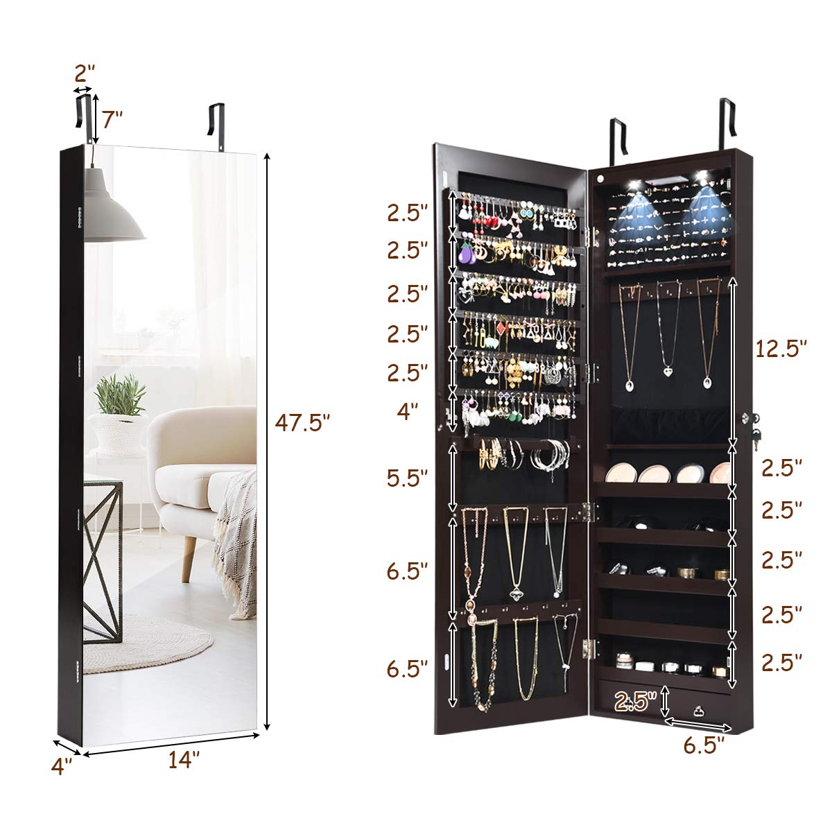 OFFICEJOY Wall/Door Mounted Jewelry Armoire w/Full-Length Mirror & LED Lights, Lockable Jewelry Armoire Mirror Organizer, Jewel Storage Hanging Cabinet w/Scarf Rod, 36 Hooks, 1 Makeup Pouch (Coffee)