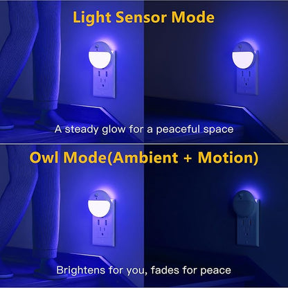 YUNLEX 2 Pack Plug in Night Light with Motion Sensor and Dusk to Dawn Sensor, Stepless Dimming, Blue LED Nightlight with 3 Lighting Ways for Bathroom, Bedroom, for Girls, Boys, Adults