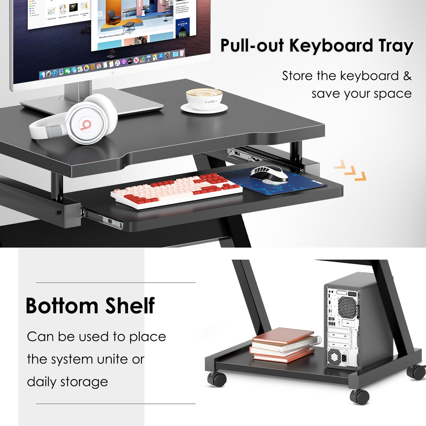 sogesfurniture Mobile Computer Desk, Small Rolling Work Workstation for Home and Office with Printer Shelf, Keyboard Drawers,23.6 x 18.9 x 28.7 Inches,BHUS-DX-8110-BB(Black)