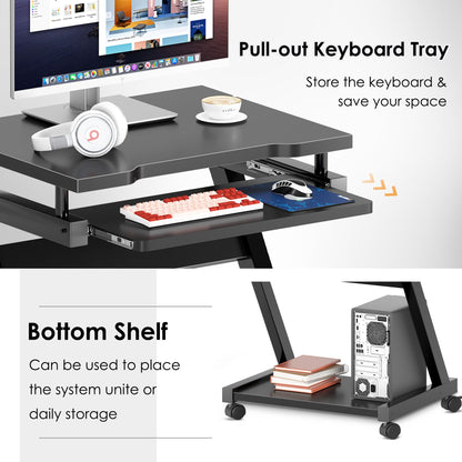 sogesfurniture Mobile Computer Desk, Small Rolling Work Workstation for Home and Office with Printer Shelf, Keyboard Drawers,23.6 x 18.9 x 28.7 Inches,BHUS-DX-8110-BB(Black)