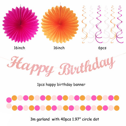Hot-Pink Orange Fall Birthday Party-Decorations - 21pcs Autumn Women Peach Happy Banner,Girls Groovy Paper Streamers Lanterns Honeycomb,Tissue Flowers Pom Poms Fan, Boho Garland Room Decor