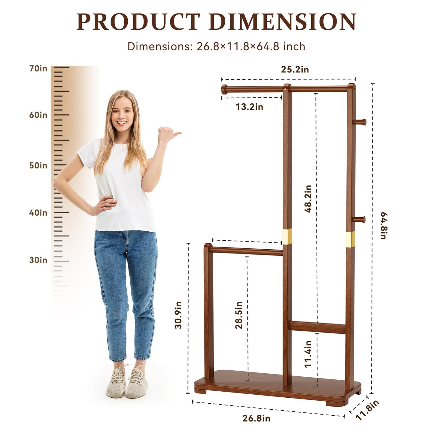 Wamhom Solid Wood Coat Rack, Freestanding Standing Clothes Rack with Double Hanging Rods for Coats, Jackets, Wooden Coat Tree Garment Rack for Bedroom Entryway Hallway, Space Saving Small Coat Rack