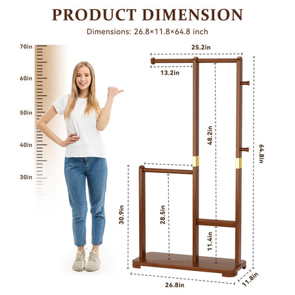 Wamhom Solid Wood Coat Rack, Freestanding Standing Clothes Rack with Double Hanging Rods for Coats, Jackets, Wooden Coat Tree Garment Rack for Bedroom Entryway Hallway, Space Saving Small Coat Rack