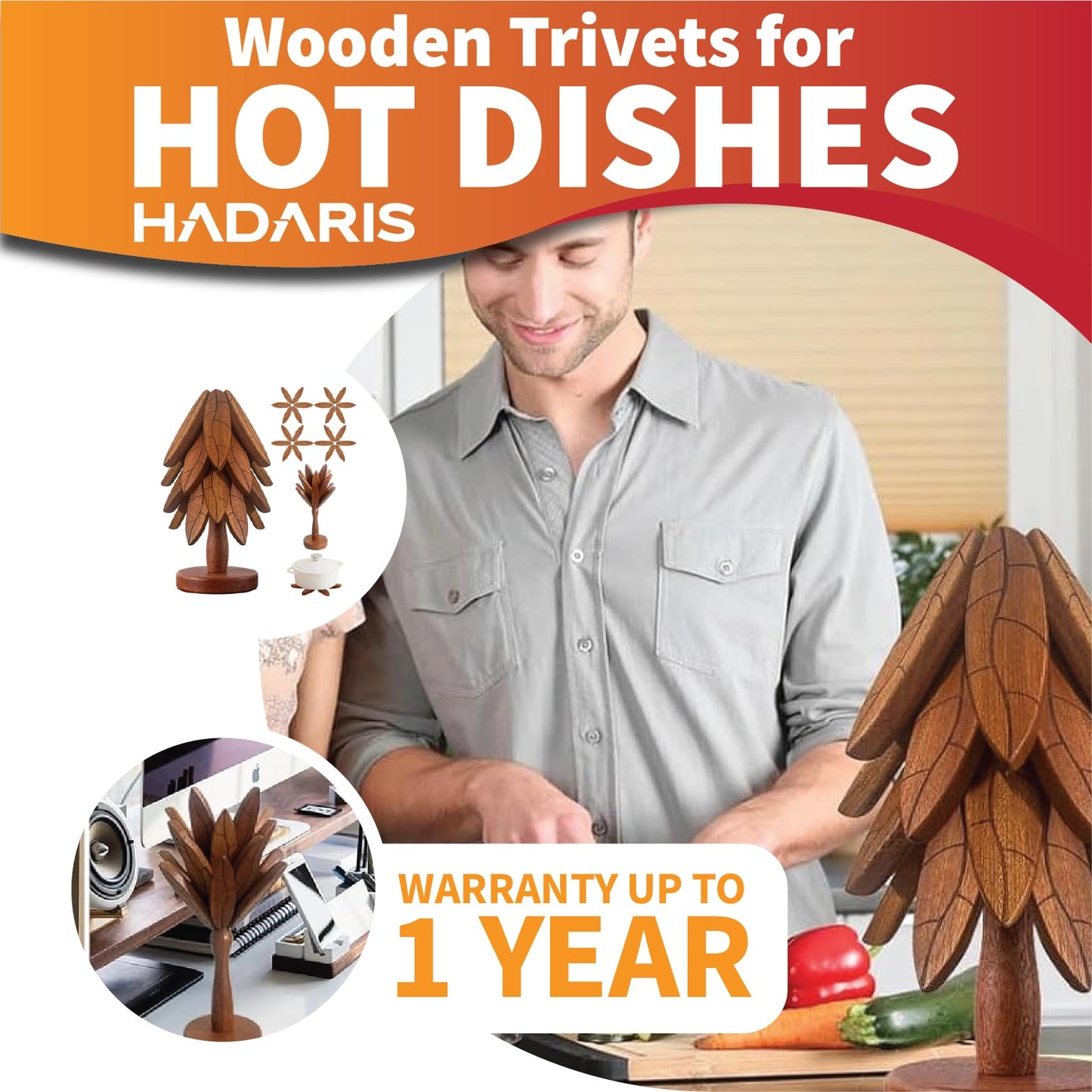 HADARIS Wooden Tree Trivet Set for Hot Dishes - 3 Pcs Foldable Heat Resistant Wood Coasters, Natural Walnut Finish Pot Holders for Kitchen Countertops and Dining Table, Unique Tree-Shaped Decor