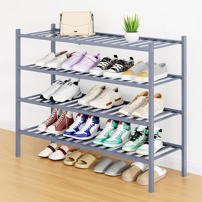 Smiry Long Bamboo Shoe Rack, 4 Tier Free Standing Wooden Shoe Organizer, Stackable Wood Shoe Storage Shelf for Closet, Entryway, 12 Vertical Slats, 2+2 Stack Standard Legs, 33.7"x11"x26", Grey
