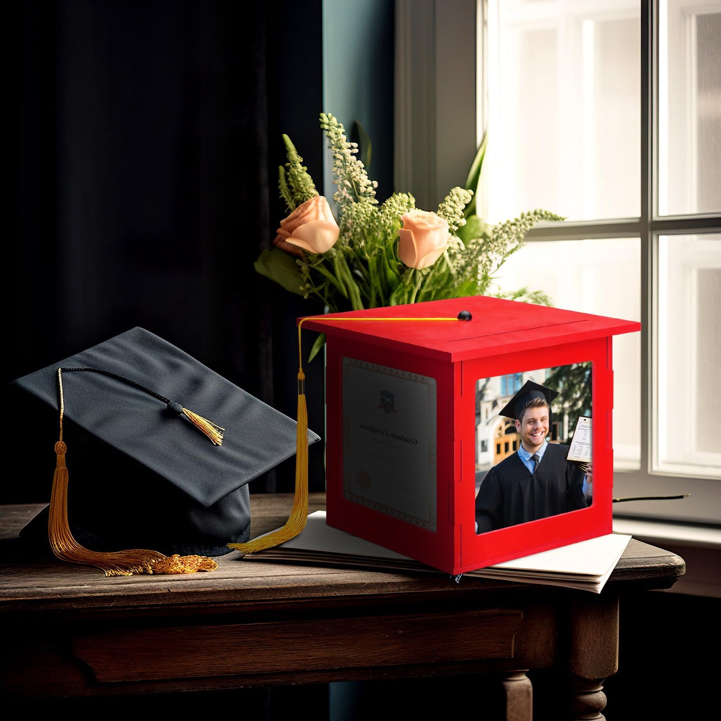 Menkxi 2026 Wooden Graduation Card Box Holder for Party with Picture Frame Graduation Cap Shaped Gift Card Box Decorations with Tassel for Grad College Party Favors(Red)