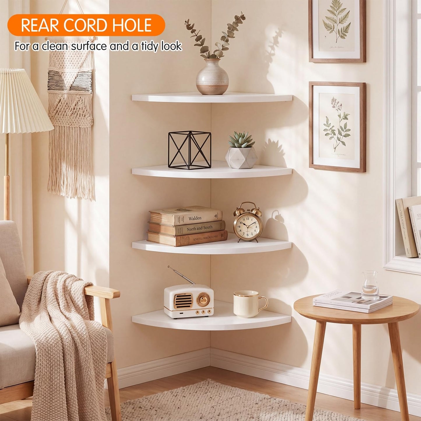 Ferrochef 4 Pcs White Corner Floating Shelves for Wall with Cord Hole 10 Inch Rounded Corner Curved Hanging Shelves for Cable Box, Speaker, TV Cords, Books, Plants