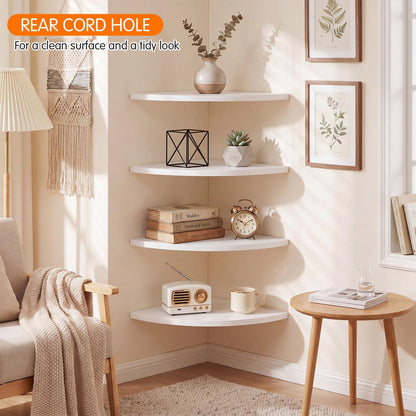 Ferrochef 4 Pcs White Corner Floating Shelves for Wall with Cord Hole 10 Inch Rounded Corner Curved Hanging Shelves for Cable Box, Speaker, TV Cords, Books, Plants