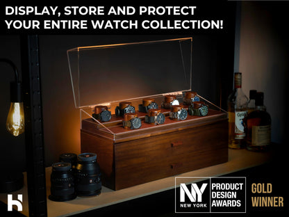 Premium 17 Slot Watch Box for Men - Extra Large Wooden Watch Display Case with Hinged Cover, Leather Lining & 2 Drawers - Watch Holder Organizer Stand - Handcrafted Luxury Father's Day Present for Men