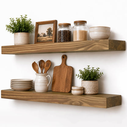 BANFFLOW 30 Inch Rustic Wood Floating Shelves for Wall, 8.66 Inch Deep Solid Wood Wall Shelf with Heavy Duty Hidden Bracket, Golden Oak, 30 × 8.66 × 2.28, for Living Room Bathroom Bedroom, Set of 2