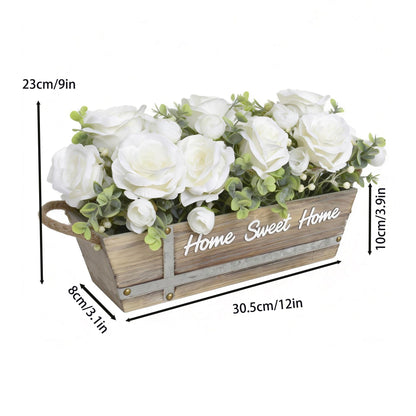ANMAYNICE Artificial Rose Flower Arrangement with Eucalyptus in Wooden Planter, Faux Flowers Farmhouse Table Centerpiece, “Home Sweet Home” Rustic Home Décor, White