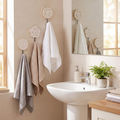 Novabright 3 Pcs Boho Wooden Wall Hooks, White Distressed Flower Decorative Wall Mounted Hooks for Bathroom, Entryway, Bedroom, Hanging Towels, Keys, Hats, Coats