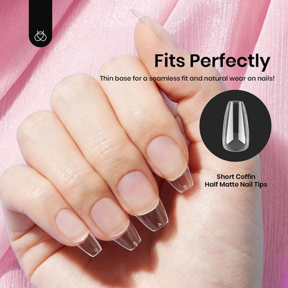 Beetles Gel Nail Kit Short Almond with Nail Dehydrator and Primer, 576Pcs Half Matte Etch-X Gel Nail Tips Solid Nail Glue Mini Nail Lamp Acrylic Nail Tips Easy DIY Nail Extension Set Gift for Women