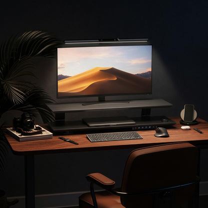 Furnny 2-Tier Dual Monitor Riser with 6-Port Hub – 39.4" Extra Wide Solid Wood Plywood Desk Stand for Dual Monitors, 30w Fast Charging USB C/A Ports, Heavy Duty Desk Organizer, Black Wood Grain Finish