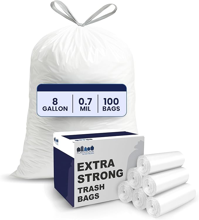 Plasticplace 8 Gallon Trash Bags: Premium White Drawstring Garbage Bag