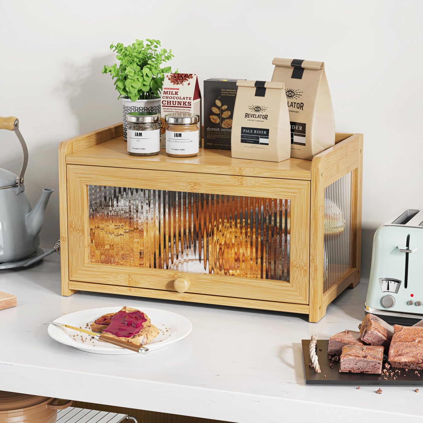 BAMBANG Bamboo Bread Box for Kitchen Countertop, Extra Large Farmhouse Bread Box with 4-Side Clear Panels, Wooden Bread Storage Container for Homemade Bread, Natural