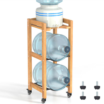 3-Tier 5 Gallon Water Jug Holder with Top Shelf – 4 Metal Wheels or Adjustable Feet – Natural Hardwood Water Dispenser Floor Stand – Wooden Organizer for Kitchen, Office, Garage – Space-Saving Design