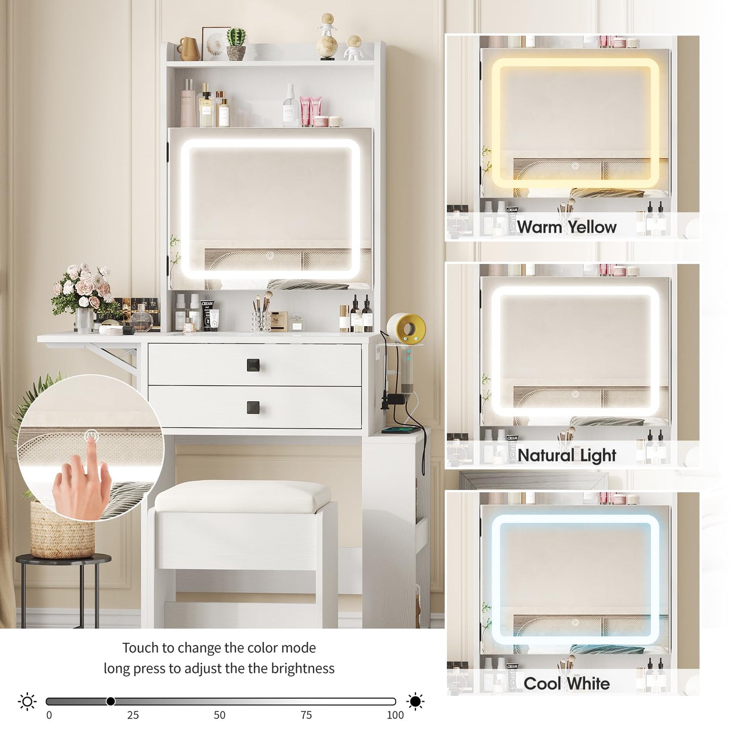 Vabches Small Makeup Vanity Desk with 3 Adjustable Lighted Mirror, White Vanity Set with Fold-up Panel and Charging Station, Glass Top Dressing Table with Drawers and Chair, 2 Hidden Storage Shelves