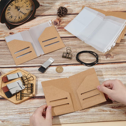 OLYCRAFT 4 Pack Travelers Notebook Accessories Kit Travel Diary Accessory Set Include Travel Kraft File Folder Transparent Bags Rubber Band Pen Clips Loose-Leaf Clips for Diary Passport Organizer