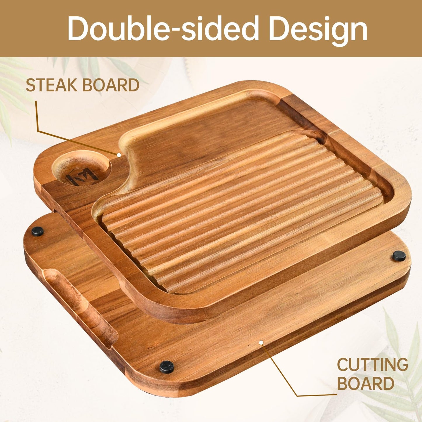 4 pcs Acacia Wood Steak Plates,Carnivore Cutting Board for Eating, Carved Meat Wooden Plate, Food Serving Tray,Cheese Charcuterie Boards with Deep Grooves & Hidden Handles