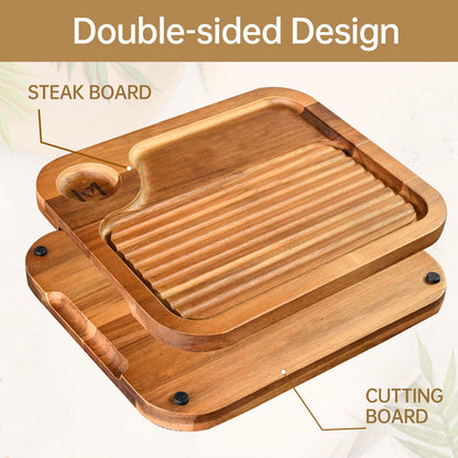 4 pcs Acacia Wood Steak Plates,Carnivore Cutting Board for Eating, Carved Meat Wooden Plate, Food Serving Tray,Cheese Charcuterie Boards with Deep Grooves & Hidden Handles