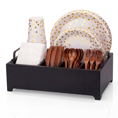 LemonRoad Wood Paper Plate Dispenser Rustic Silverware Utensil Caddy Cutlery Flatware Organizer with Handles 6 Compartments for Countertop Party Picnic Camping Buffet Kitchen Accessories(Black)