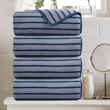 Oliven 4 Piece Navy Cabana Stripe Large Bath Towels Oversized Bath Sheet Super