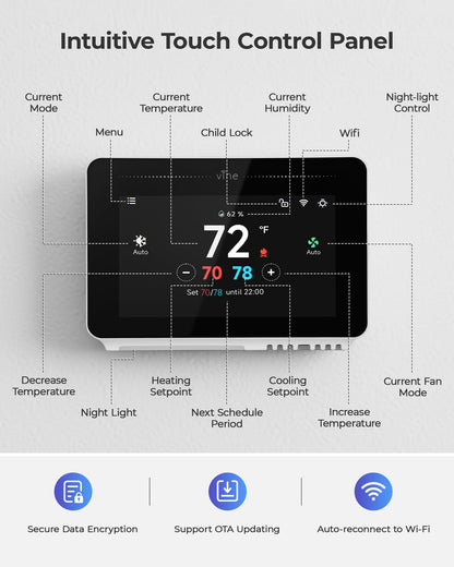 Vine Smart Thermostat for House with Nightlight, 4.3 Inches WiFi Thermostats for Home Compatible with Alexa and Google Assistant, 7day x 8period Programmable, C-Wire Required