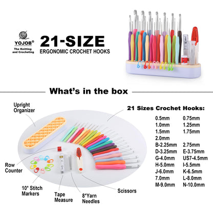 YOJOB 21 Sizes Crochet Hooks Set 0.5mm-10mm, Plus Crochet Accessories and Holder﻿, Complete Set Ergonomic Crochet Hook Kit for Beginners
