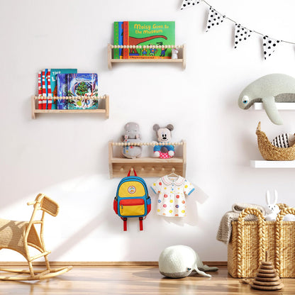 HiMummy Nursery Floating Shelves for Kids Rooms – 16 Inches Floating Wall Bookshelves, Space - Saving for Kids Room, Bedroom and Study Room,Set of 3 (Pre-Strung Bead Strings)