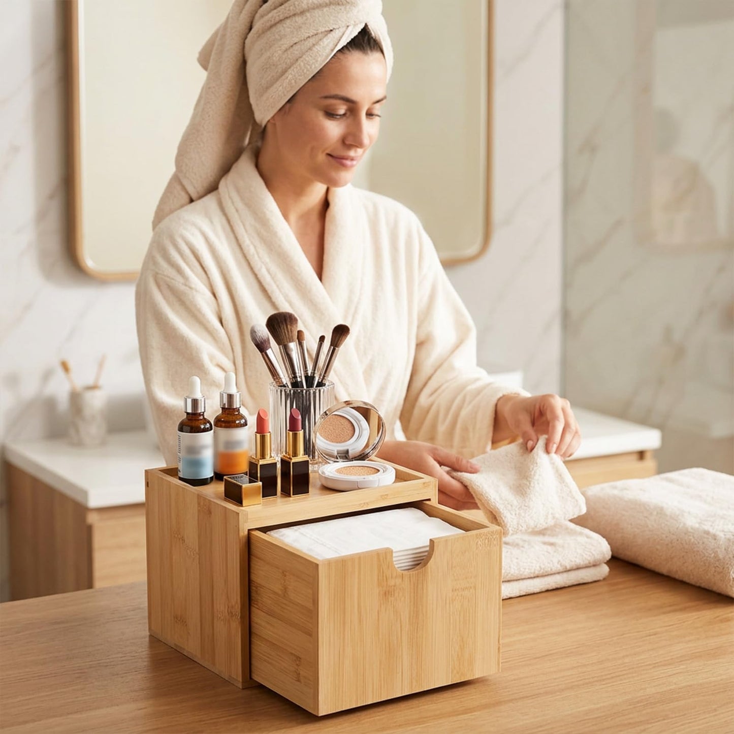 Bamboo Disposable Face Towel Holder Bamboo Towel Container Facial Towels-Container Box with Drawer Wooden Clean Towels XL-Containers with Drawer for Bathroom, Makeup Remover