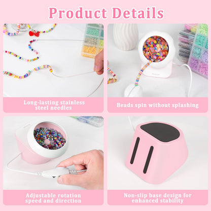 Myartype Clay Bead Spinner and Seed Bead Spinner, 2-in-1 Electric Bead Spinner for Jewelry Making, Bracelet Spinner and Necklace Making Machine with Bead Needles and Thread (Pink)