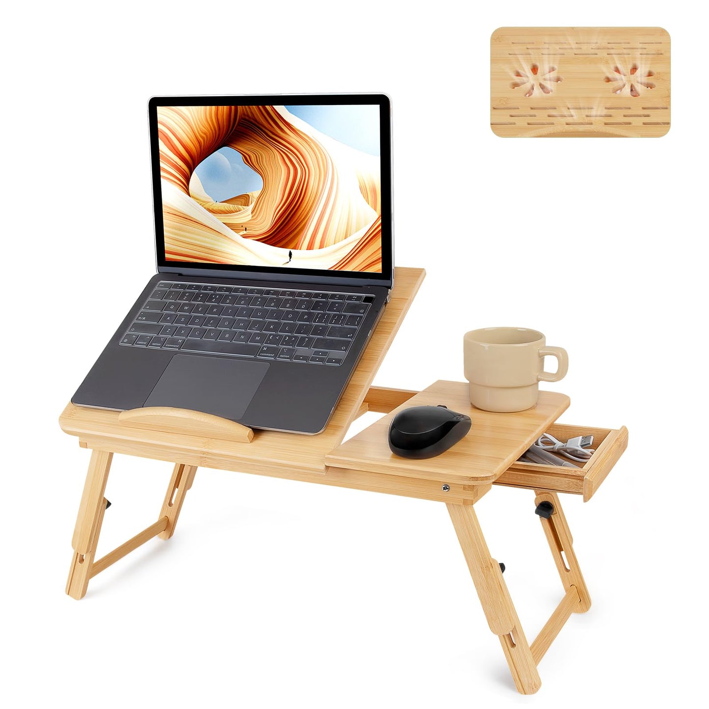 Bamboo Laptop Desk, Adjustable Foldable Bed Tray Table for Bed, Sofa, and Floor, Portable Lap Desk with Tilting Top & Drawer for Writing, Reading, Breakfast, Drawing, and Working