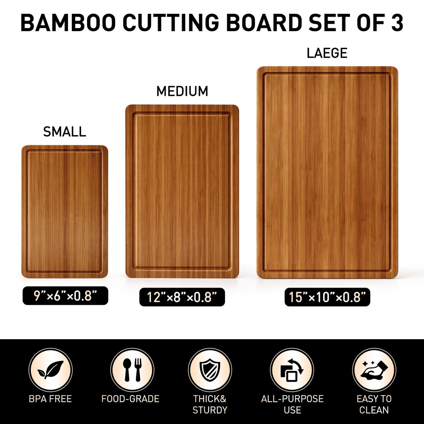 3 Pack Bamboo Cutting Board Set with Non Slip Feet Solid Wood Cutting Boards for Kitchen Non Toxic Wooden Chopping Boards Small Plastic Free Butcher Block Hardwood Serving Cheese Charcuterie Board