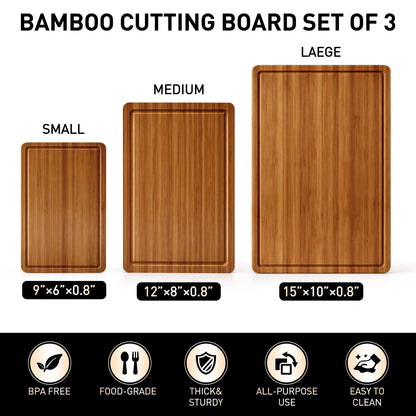 3 Pack Bamboo Cutting Board Set with Non Slip Feet Solid Wood Cutting Boards for Kitchen Non Toxic Wooden Chopping Boards Small Plastic Free Butcher Block Hardwood Serving Cheese Charcuterie Board