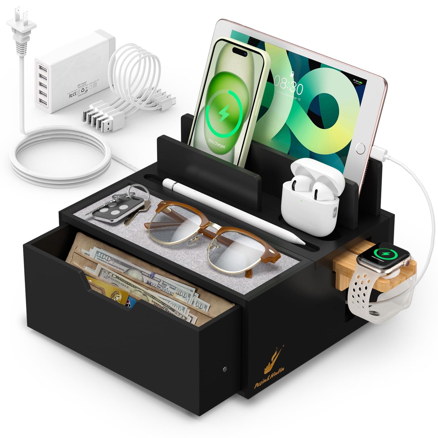 Pezin & Hulin Bamboo Charging Station for Multi Device, with Power Charger & Cables, Nightstand Docking Station with Lined Tray & Drawer, Compatible with Tablet, Cell Phones-Black