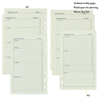 Metrubyone 90+54+14 A5 Refill Paper with Undated Monthly Weekly Calendar Planner Inserts, 6 Ring Loose Leaf Lined Filler Paper Refillable for Binder Planner Journal Agenda Notebook