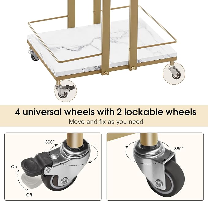 BarberPub Utility Salon Trolley, Metal Storage Rolling Barber Trolley with Wheels, Golden Esthetician Cart, Multi-Purpose 3-Tier Mobile Facial Trolley, Nail Cart 2033 (White)