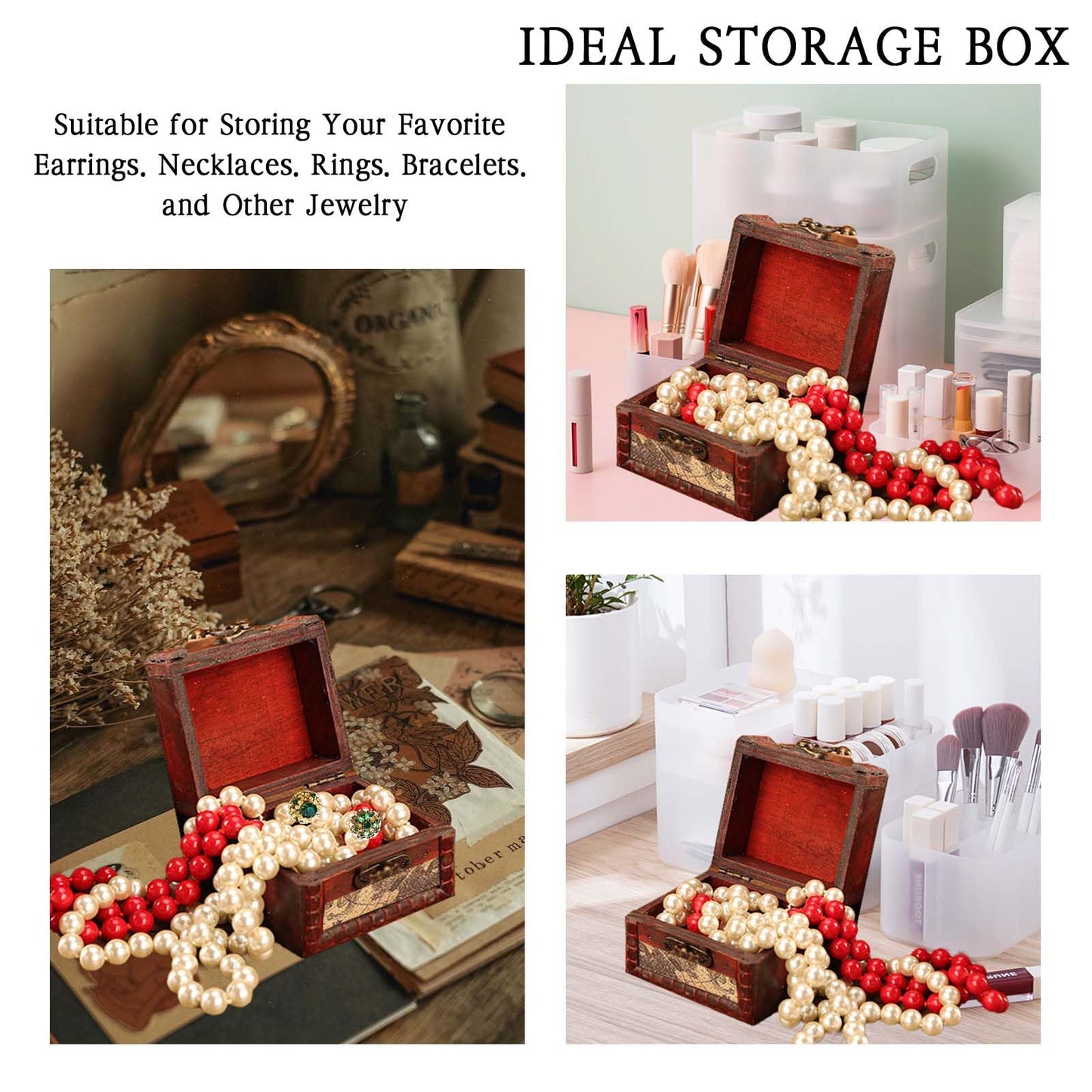 GemJelry Wooden Jewelry Box, Classical Wood Jewlery Box Jewelery Storage Box Case Holder Jewellery Chest Mom Gifts Antique Trinket Organizer Treasure Box for Women Girls Ring Necklace Earring