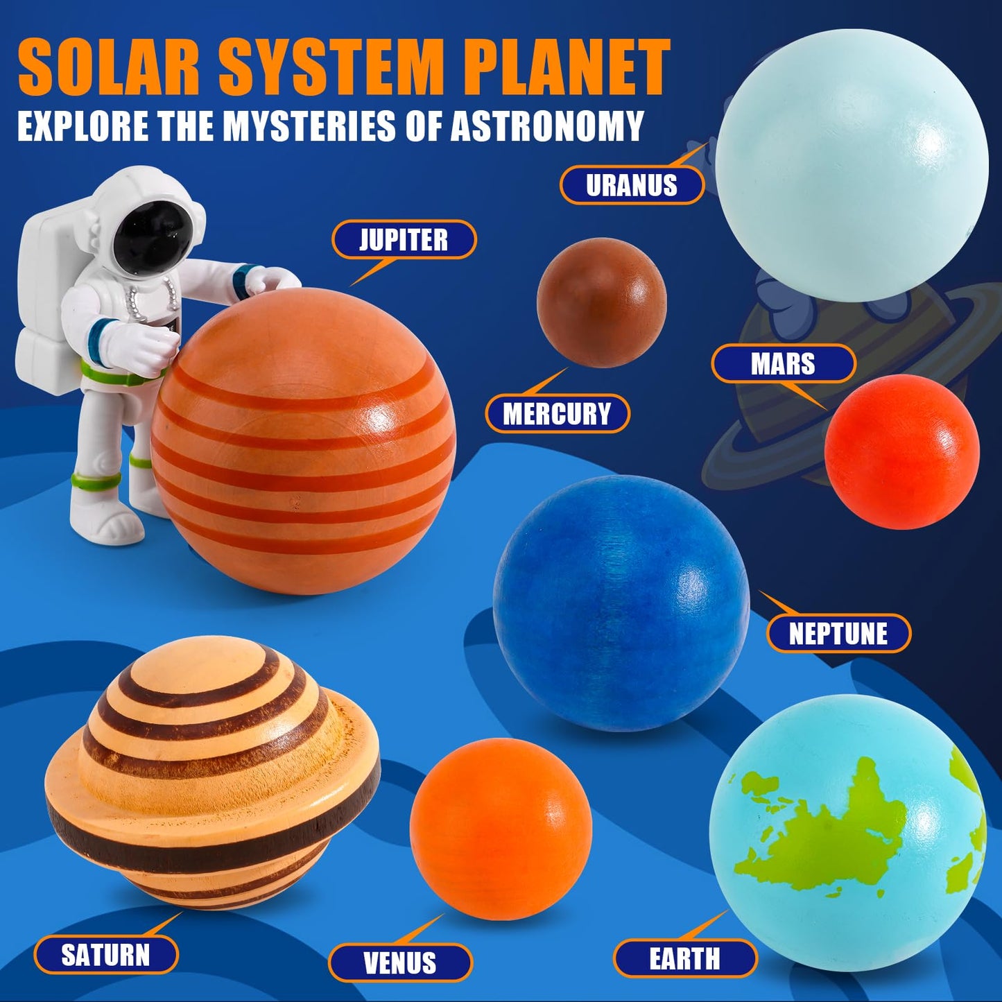 COOLDUCK 30 Pcs Wooden Solar System Model Board Toy Kit, Montessori Planet Balls Toys with Astronaut Figures, Preschool Learning Educational Puzzle, Space Knowledge Flash Cards Learning Toys for Kids