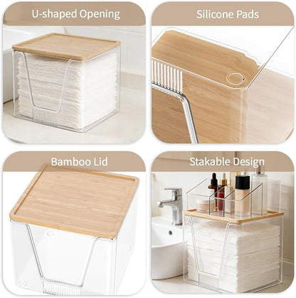 2 in 1 Disposable Facial Towel Holder and Cosmetic Organizer, Clear Storage with Bamboo Lid Compatible with Clean Skin Club Towel XL, Stackable Vanity Organizer for Bathroom Vanity Counter (2 Pack)