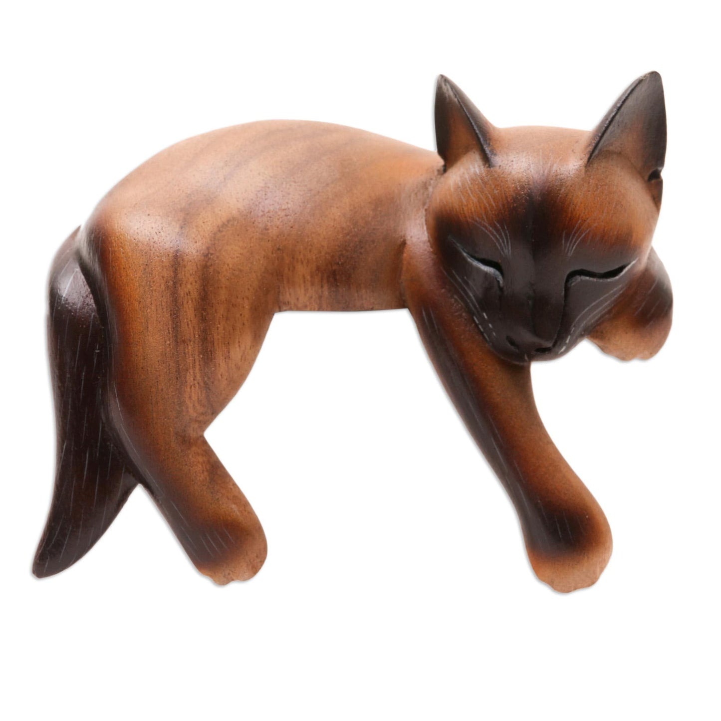 NOVICA Artisan Handmade Wood Statuette Sleeping Siamese Suar Cat Brown Indonesia Sculpture Painted [4.3in H x 6in W x 3.5in D] ' Sleeping Feline'
