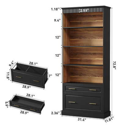 LITTLE TREE 72" Tall Black Bookcase, 5-Tier Office Bookself with File Cabinet Drawers,Modern Floor Standing Storage Filing Cabinet Book Shelf for Living Room,Bedroom