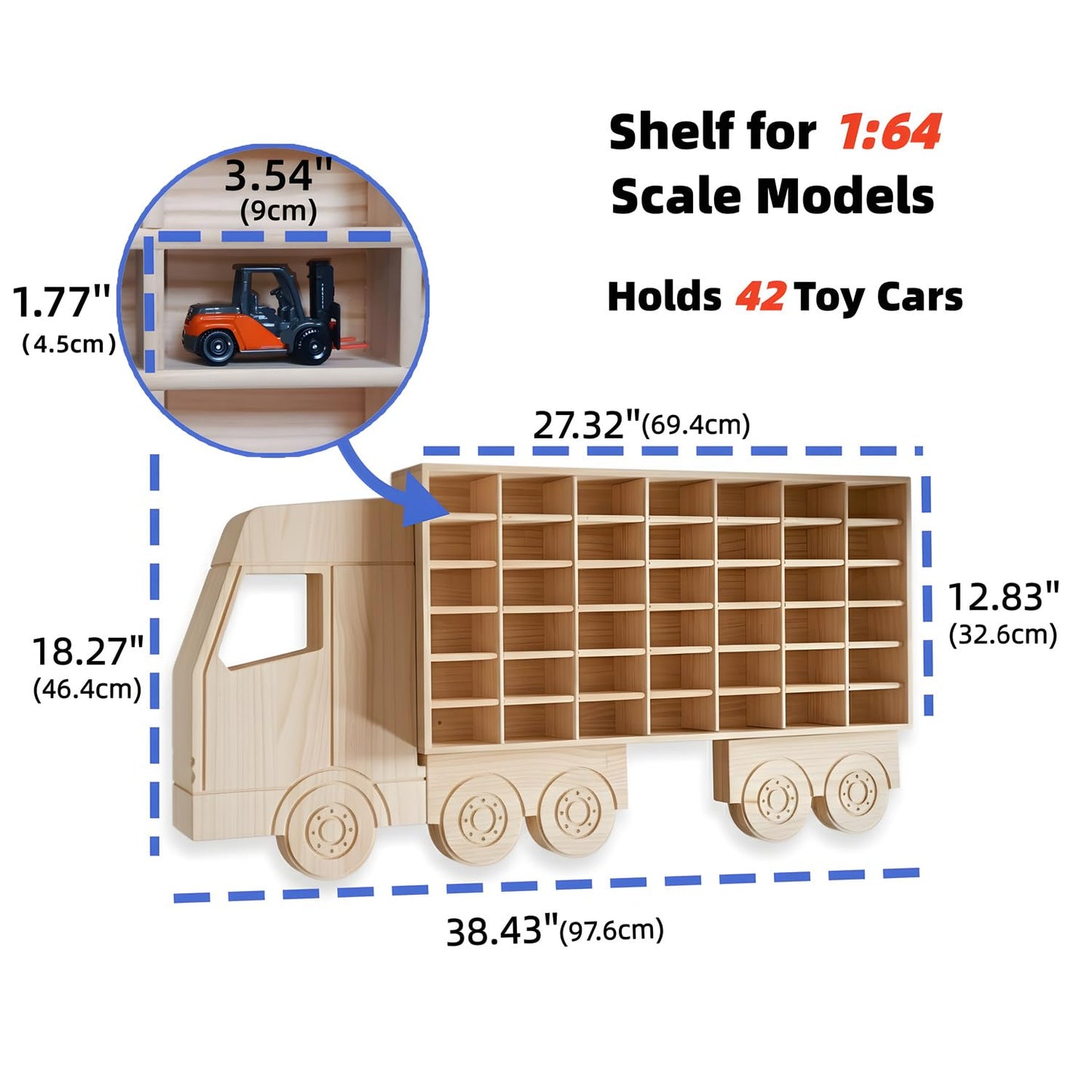 Pikidap Wood Car Display Shelf, Toy Car Storage Organizer for 1/64 Scale Diecast Cars, Holds 42 Models, Freestanding & Wall-Mounted Rack, Model Car Display Case