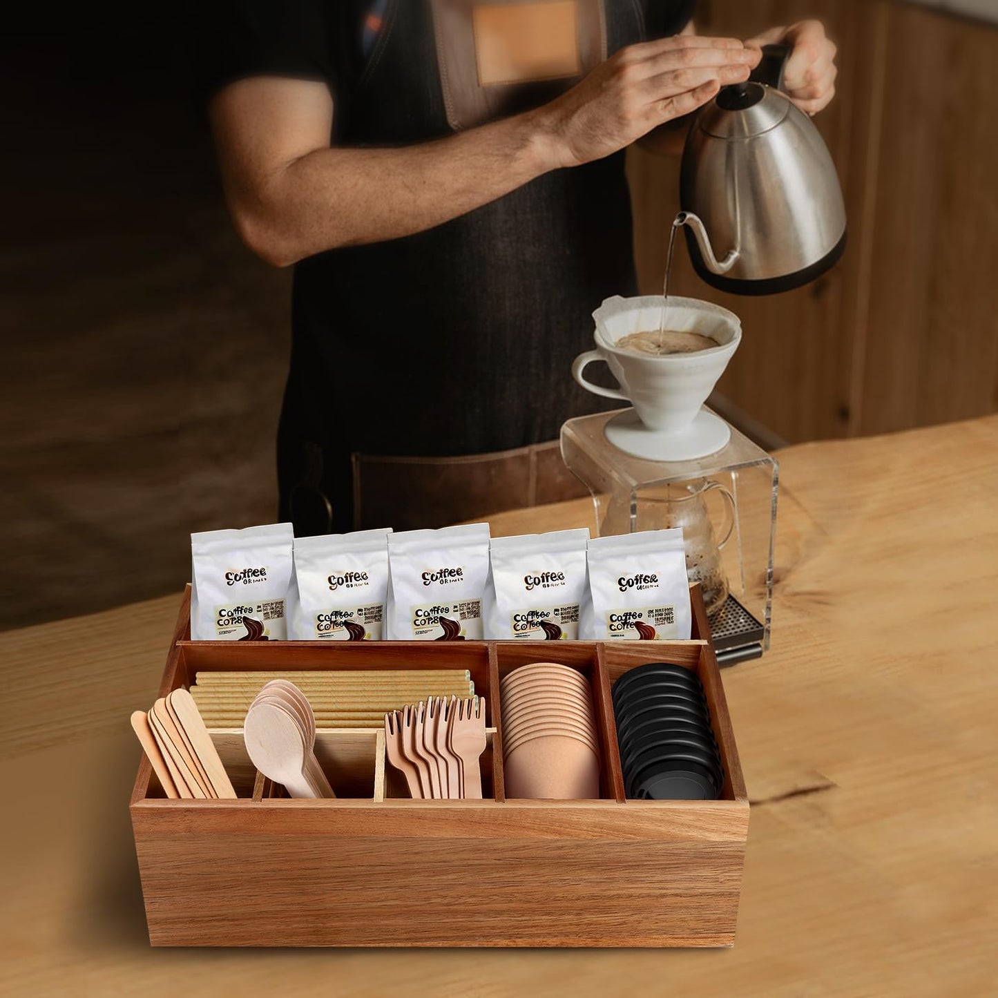 BOTOP Acacia Wood Utensil Holder for Party, Paper Plate Organizer Silverware Caddy with 6 Compartments for Plate, Cup, Fork, Spoon, Cutlery Holder Countertop for Kitchen Camping Buffet